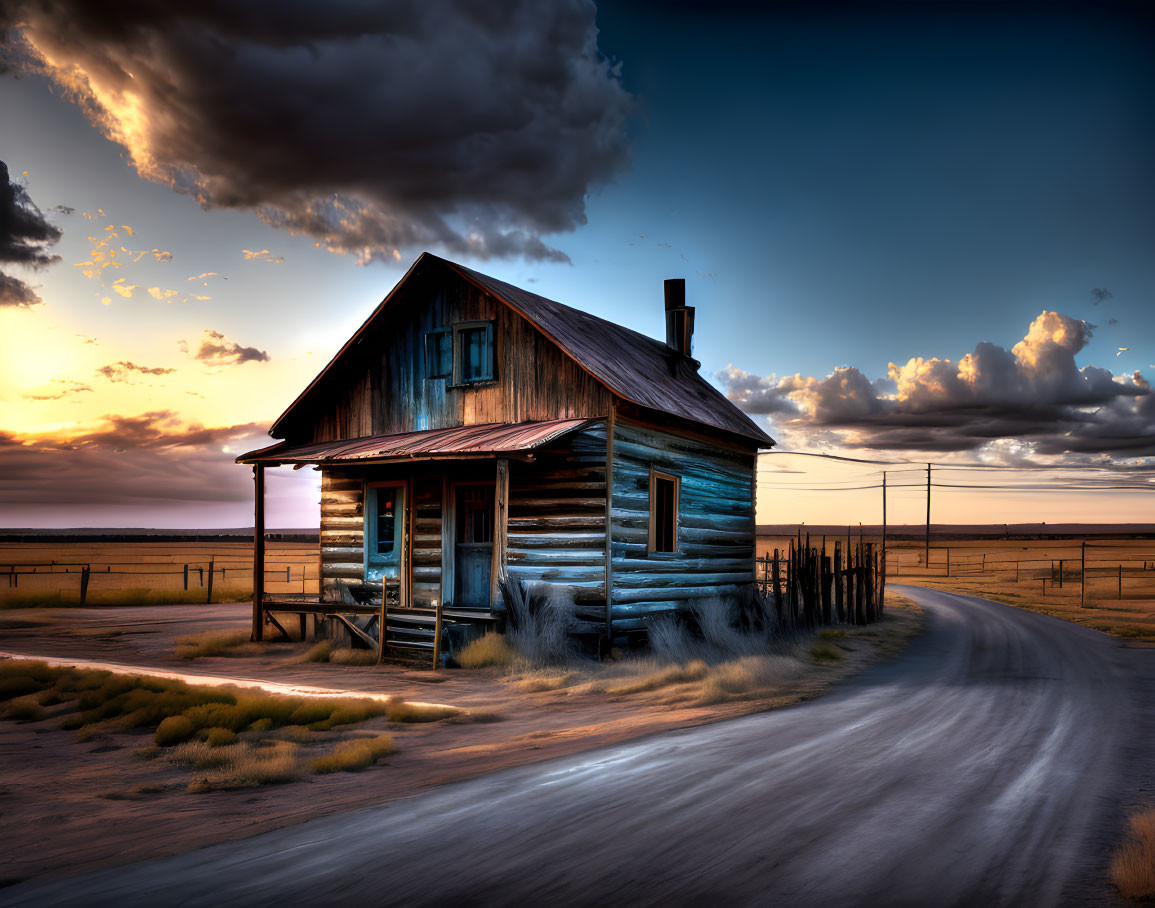 Rustic wooden house on curved dirt road at sunset