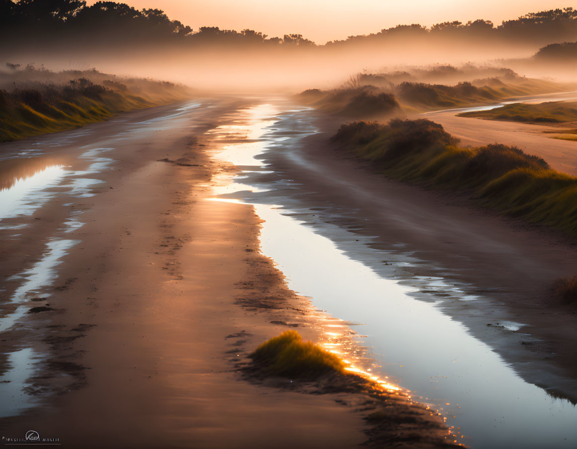 Tranquil road surrounded by greenery and sunrise light