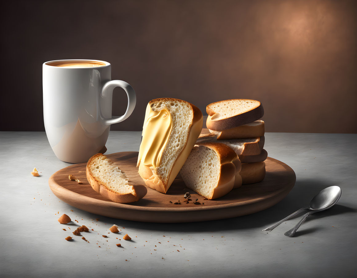 Coffee Mug, Spoon, Wooden Plate, Bread Slices, Melting Cheese on Tabletop