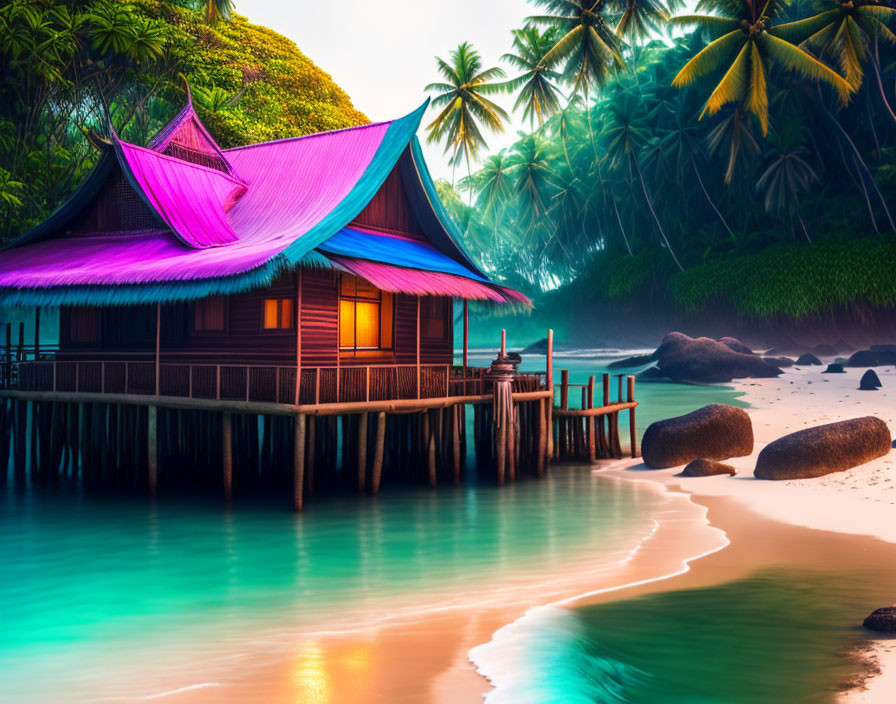 Tropical Beach Scene with Wooden Stilt House and Palm Trees at Sunset