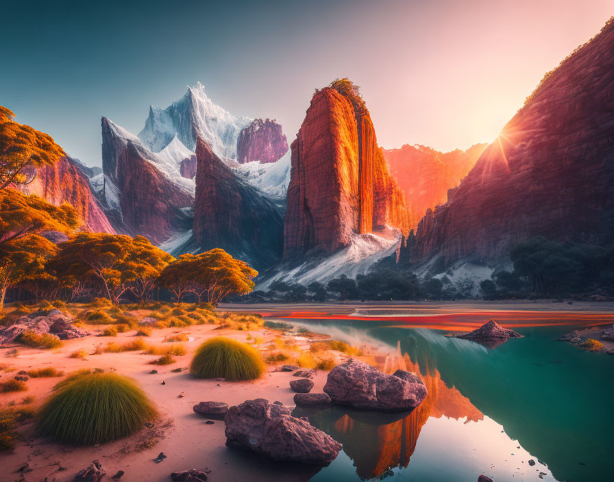 Majestic mountain peaks at sunrise reflected in serene river landscape