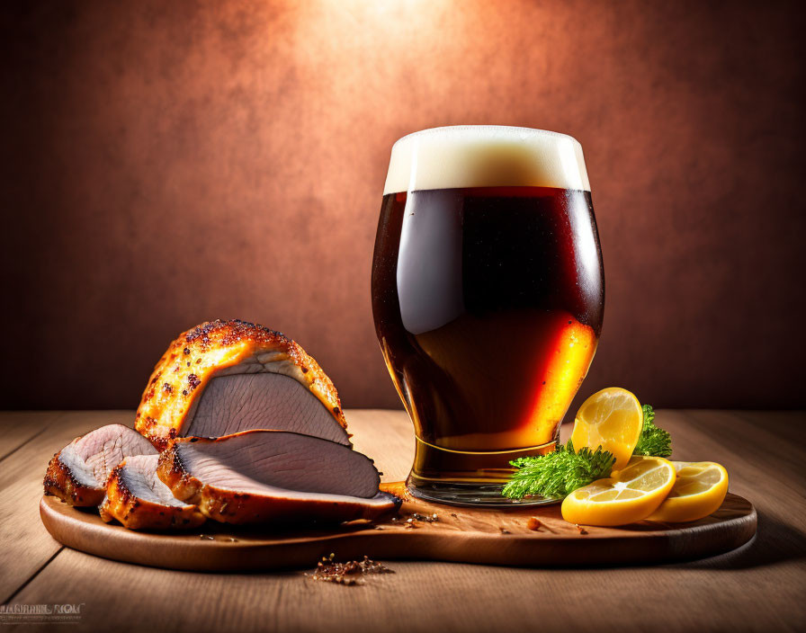 Dark Beer Glass with Roasted Meat and Lemon Slices on Wooden Board