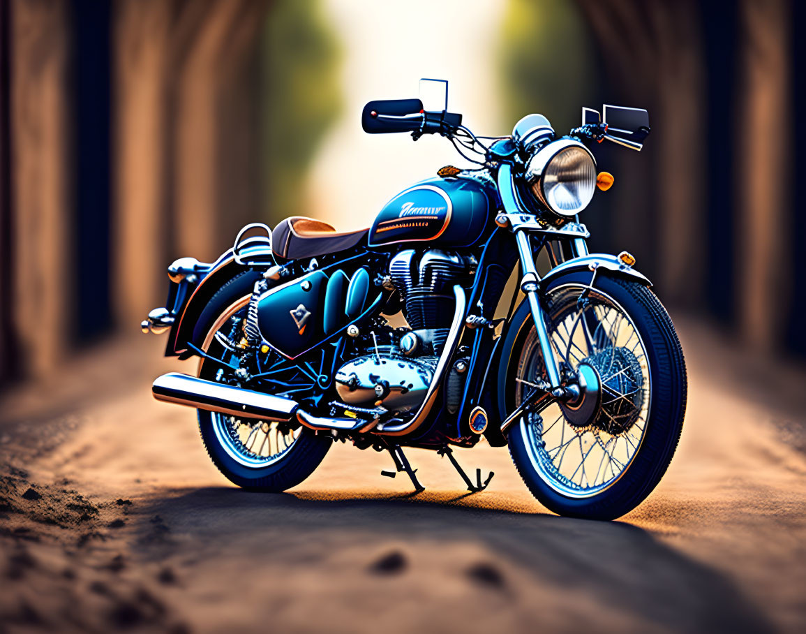 Blue motorcycle parked on dirt path with blurred tree archway.