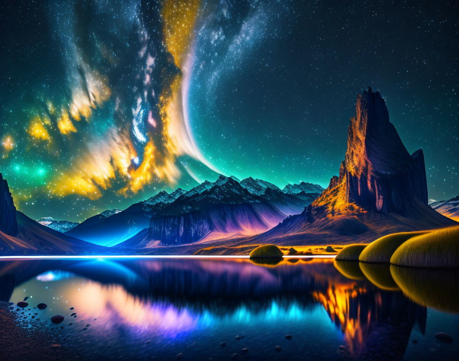 Aurora Over Mountain Range Reflected in Still Lake