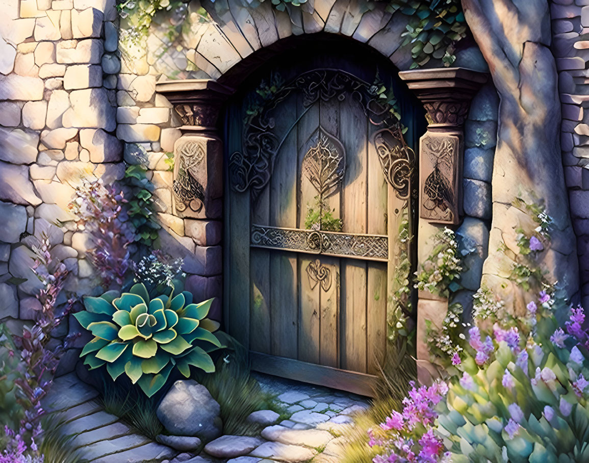 Ornate wooden door in stone wall with lush greenery and flowers