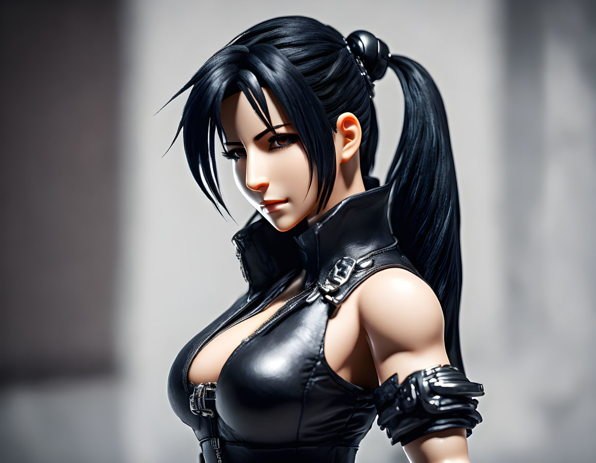 Detailed Female Character Figure with Long Black Hair and Ponytail in Black Outfit with Zipper