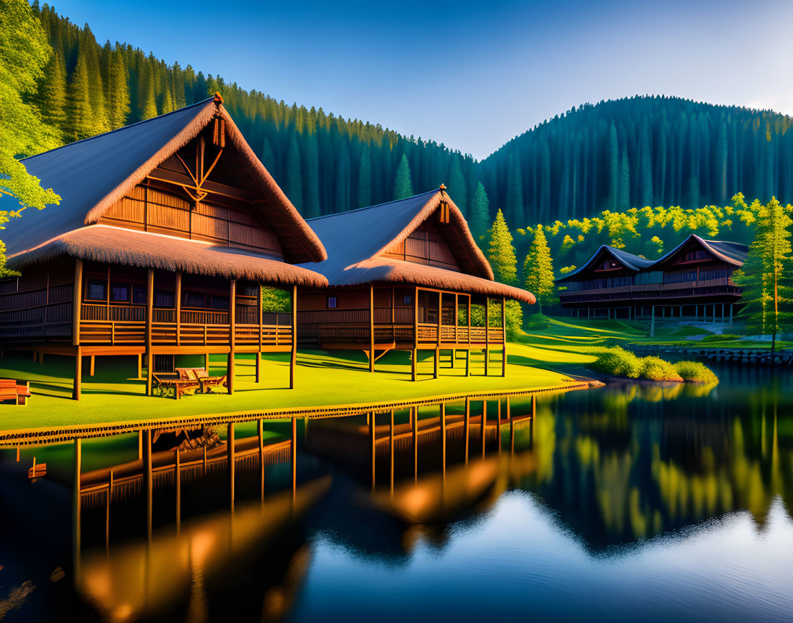 Scenic wooden houses near tranquil lake with lush forest and blue sky