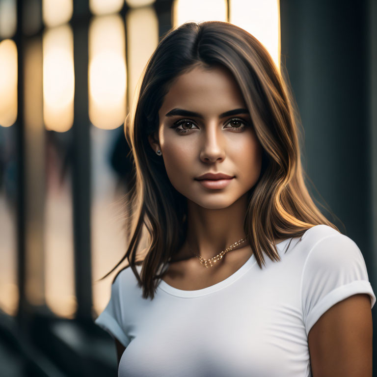 Young woman with shoulder-length brunette hair in white top near metal fence