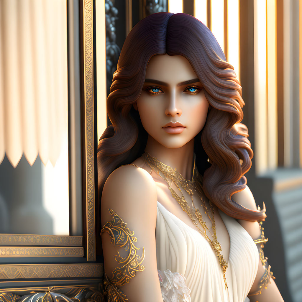 3D-rendered woman with wavy brown hair, blue eyes, white dress, and gold arm