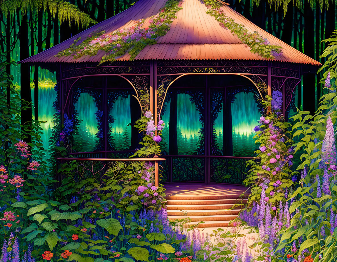 Lush Greenery and Flowers Surrounding Illuminated Gazebo