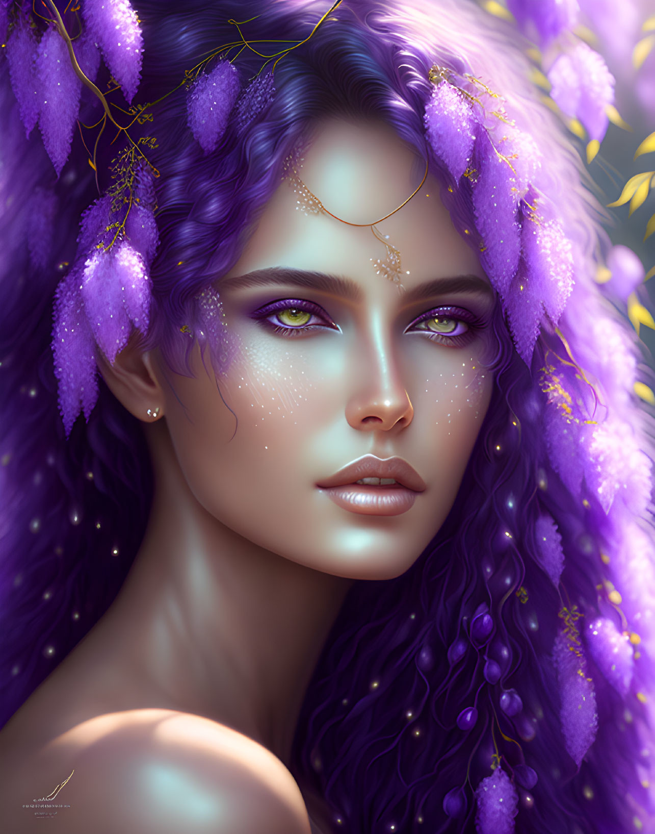 Portrait of Woman with Purple Hair, Flowers, Green Eyes, and Face Markings