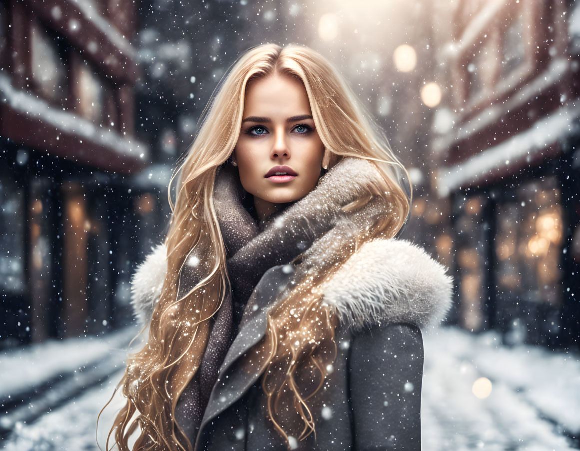 Blonde woman in fur collar winter coat under falling snow.