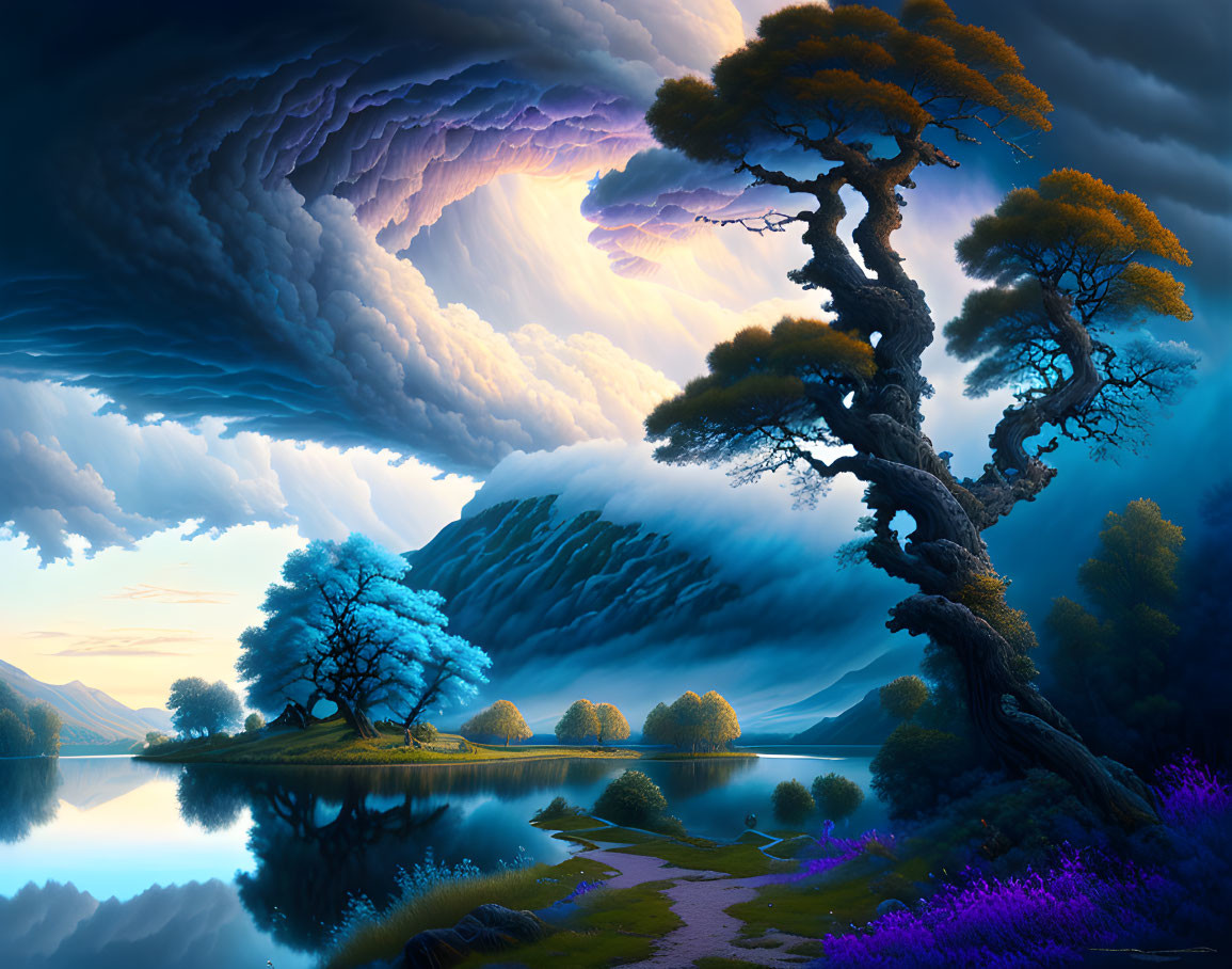Vibrant blue and purple surreal landscape with twisted tree, lake, and mountains