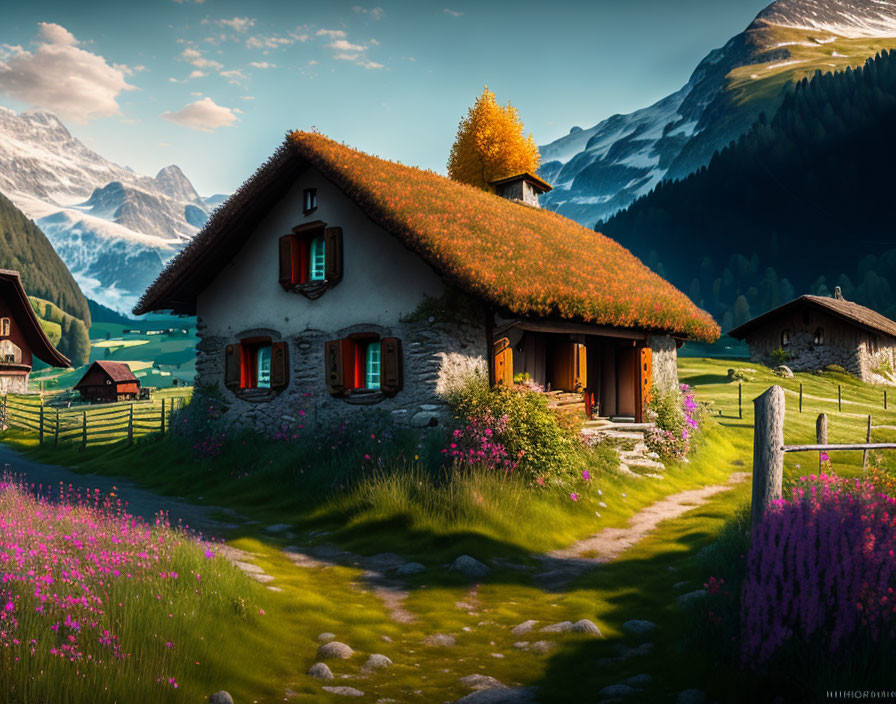 Quaint Cottage with Green Roof Surrounded by Purple Flowers and Snowy Mountains