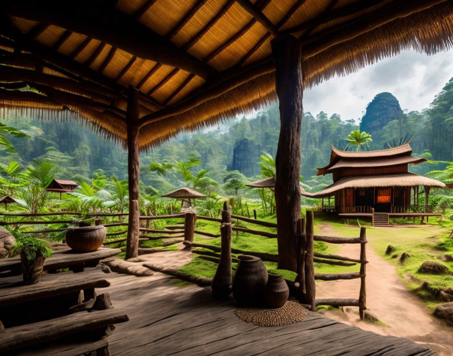 Traditional Asian Wooden Porch Overlooking Serene Garden and Misty Mountains