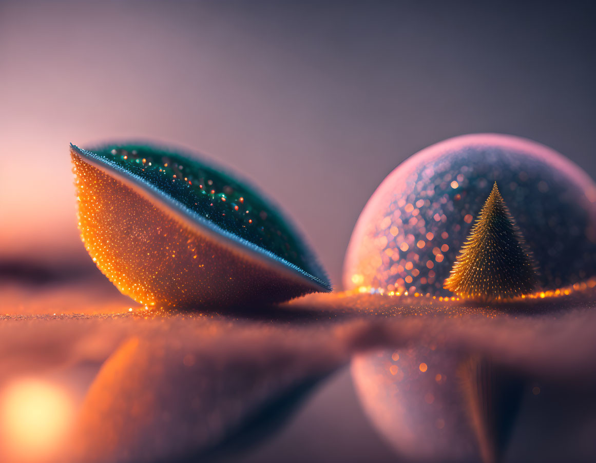 Shiny abstract Christmas ornaments on reflective surface