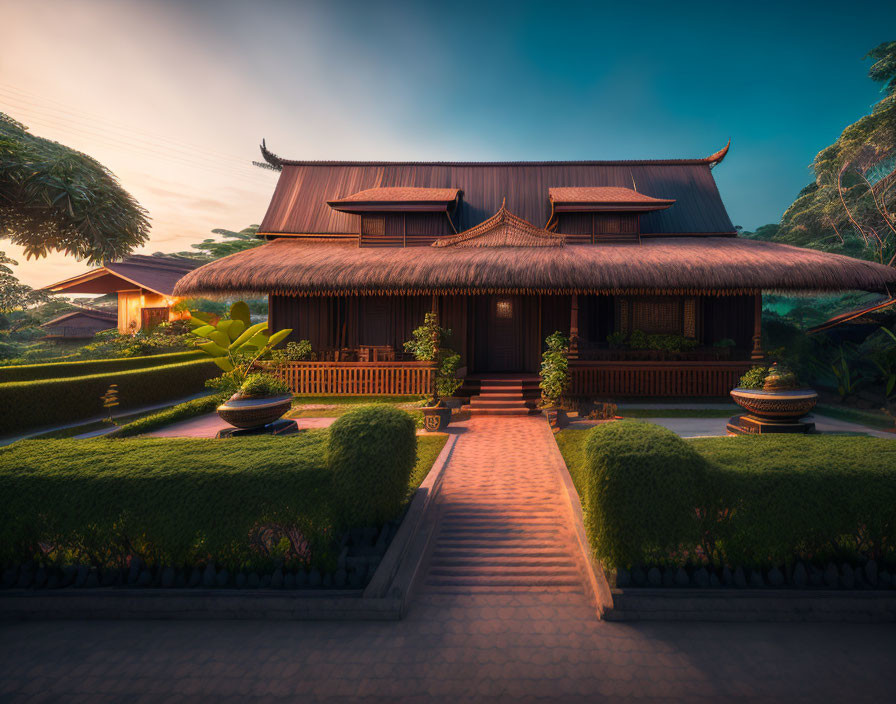 Curved roof Asian-style house in sunset gardens