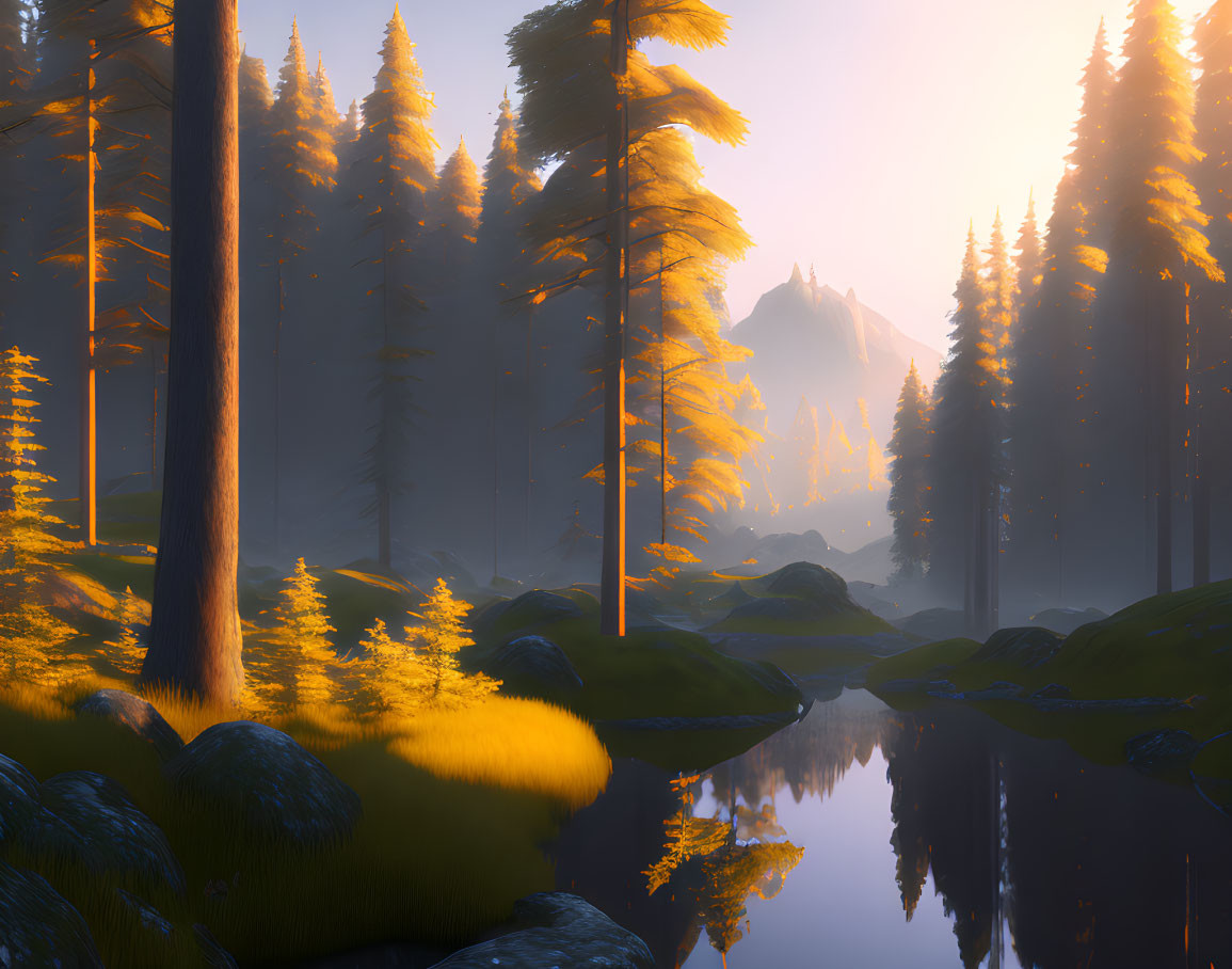 Tranquil forest landscape with sunlight, river, and lush greenery