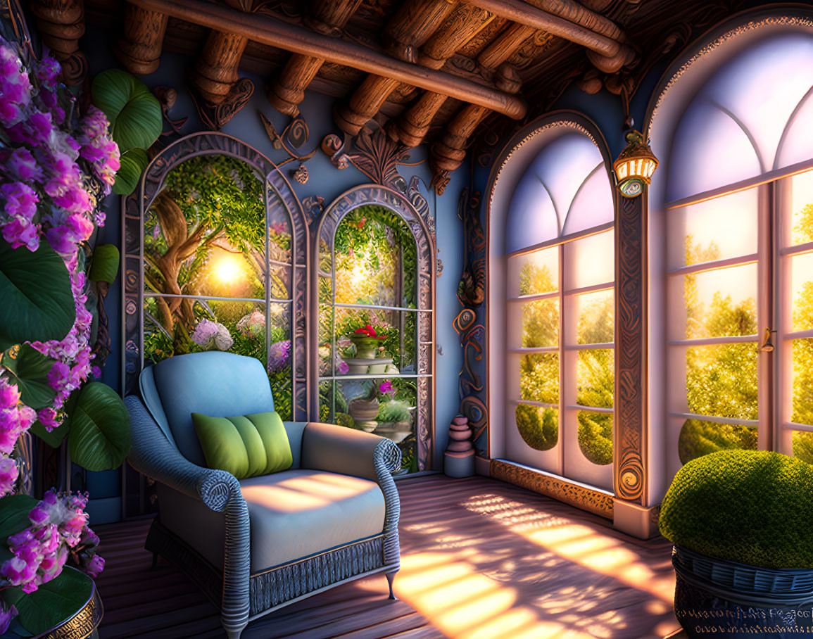 Sunlit room with plush chair, arched windows, wooden ceiling, and vibrant flowers.