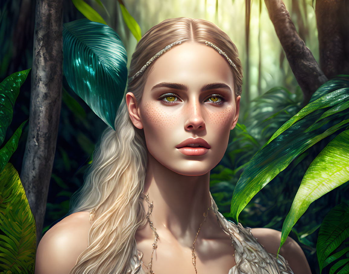 Blonde Woman with Green Eyes in Jungle Setting