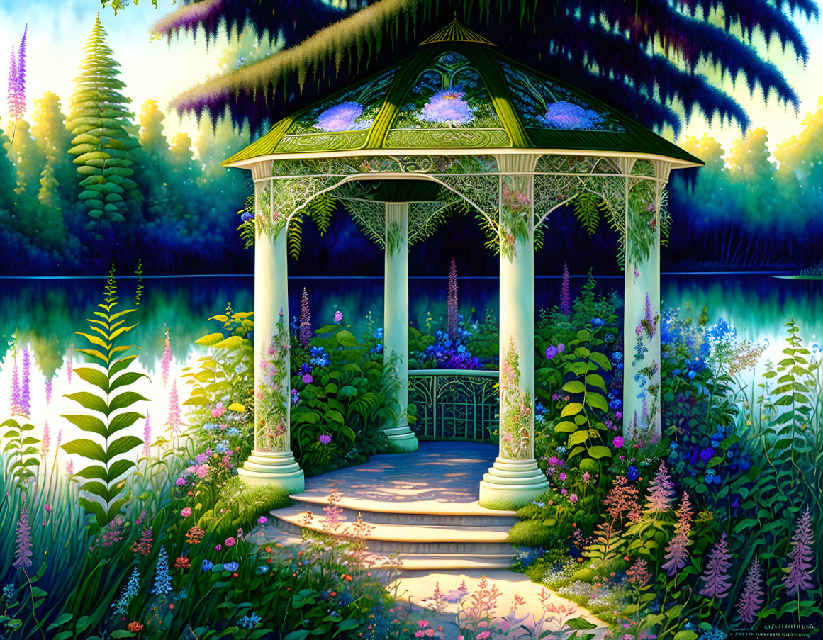 Tranquil lake gazebo with lush greenery and twilight sky