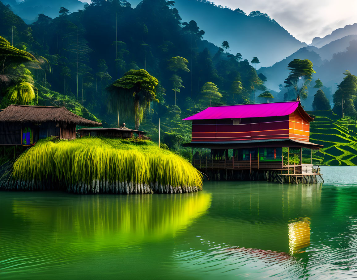 Wooden Houses on Stilts by Green Lake & Hills