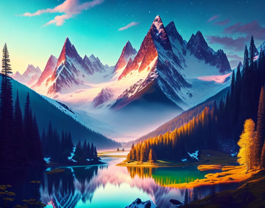 Serene lake at dusk with sharp mountain peaks and lush forests