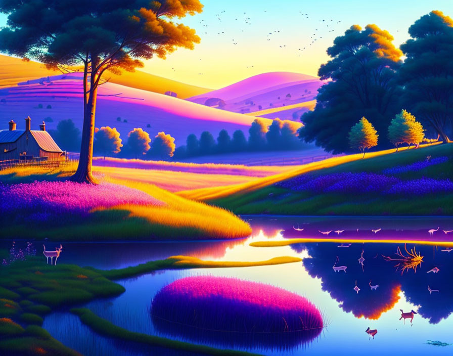 Colorful landscape with purple fields, river, trees, hills, house, and animals at sunset