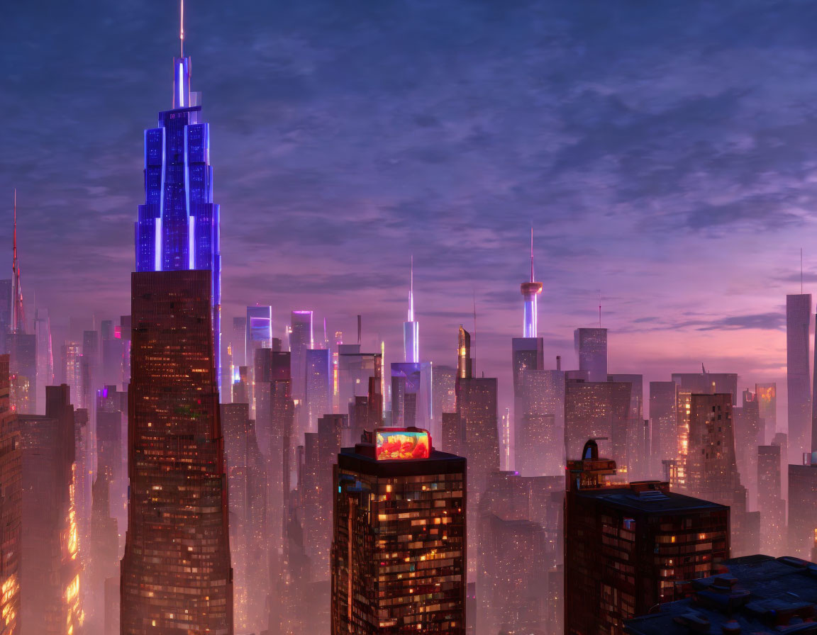 Futuristic twilight cityscape with illuminated skyscrapers under purple sky