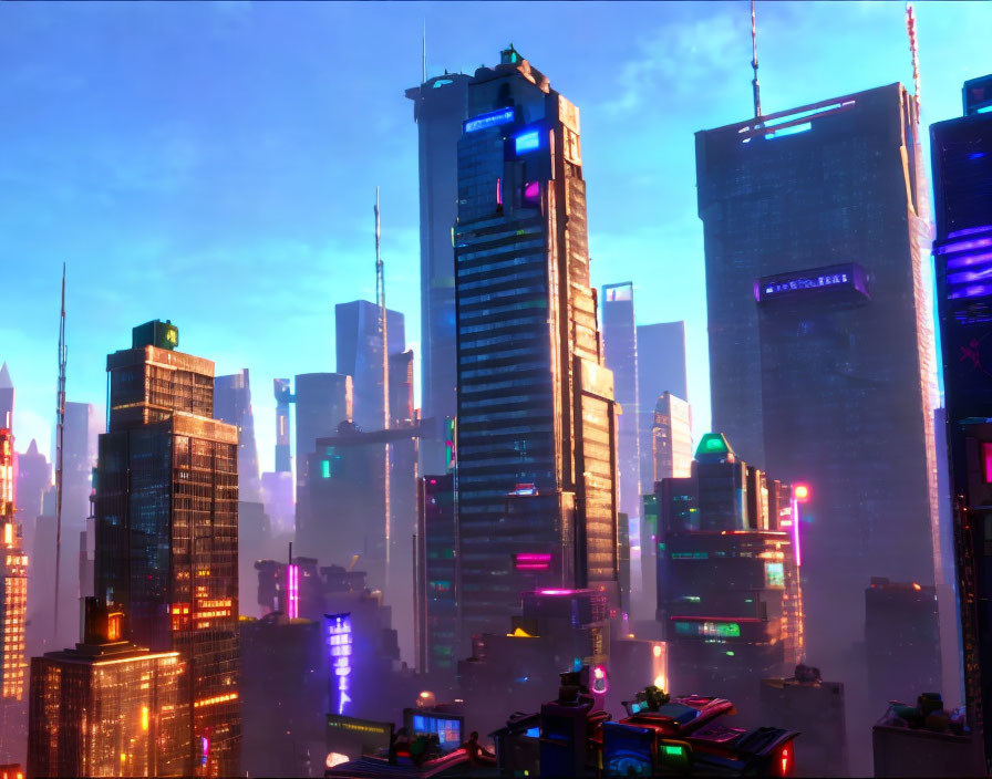 Futuristic cityscape at dusk with neon lights & skyscrapers