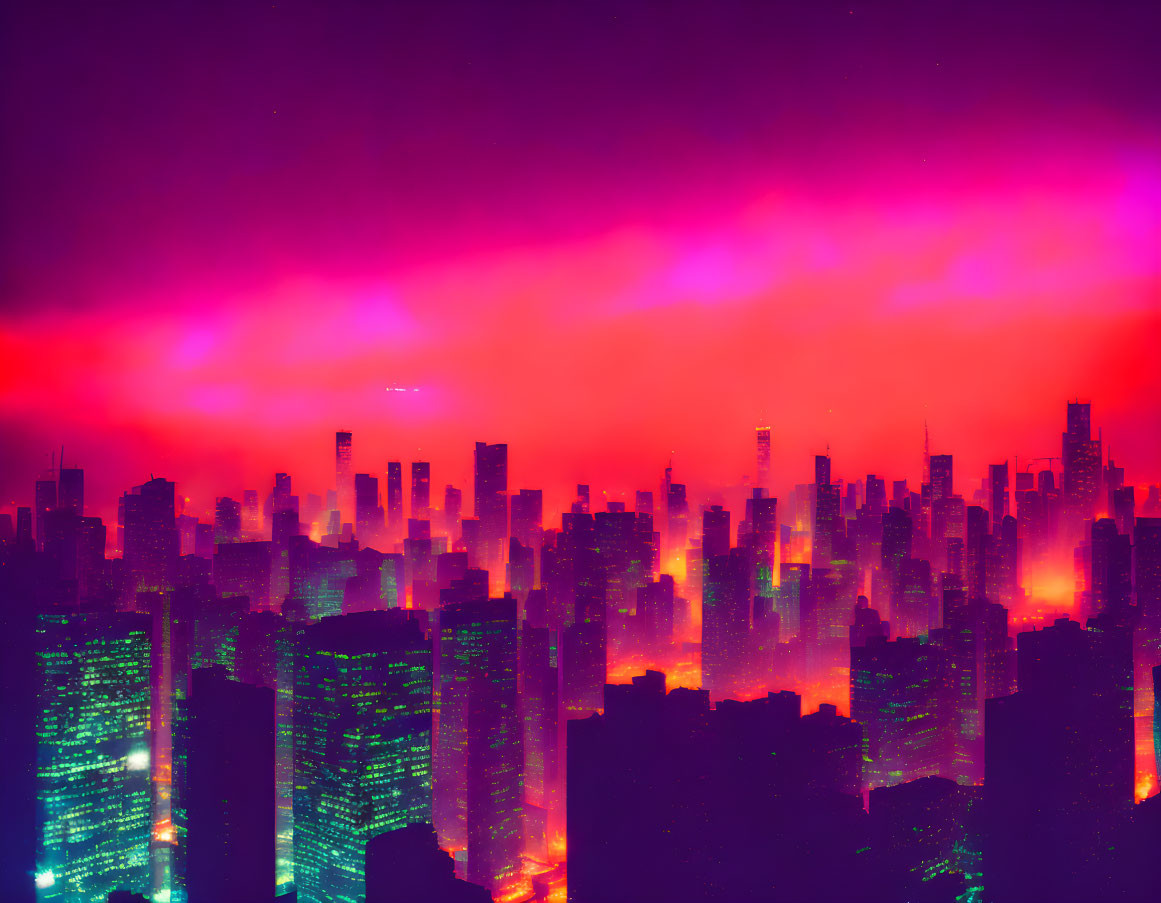 Neon pink and purple cityscape at night