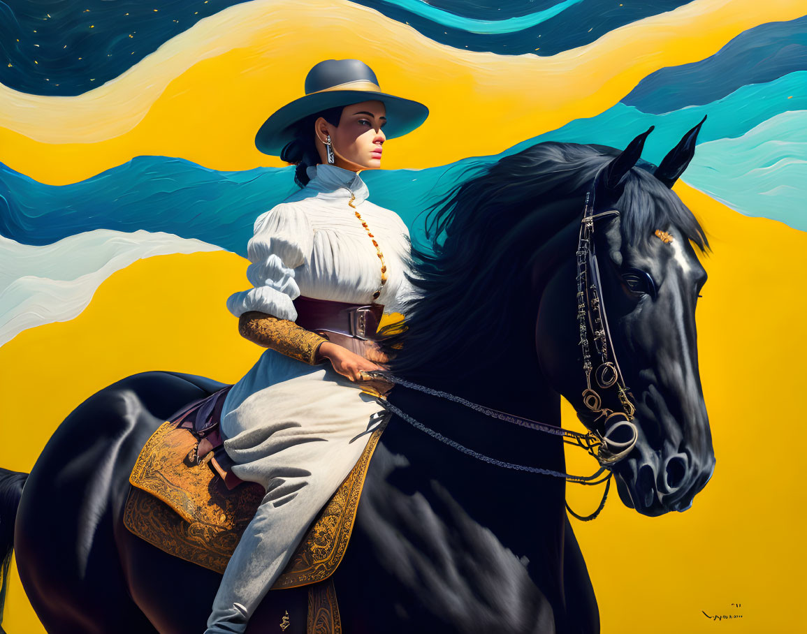 Elegant woman on black horse in wide-brimmed hat against colorful backdrop