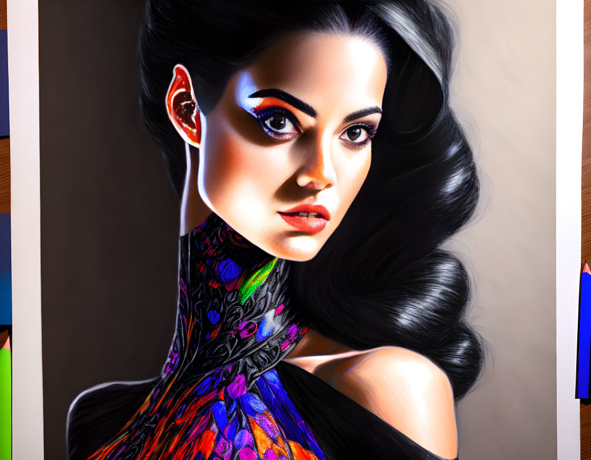 Vibrant digital artwork of woman with dramatic makeup and dark hair in colorful outfit