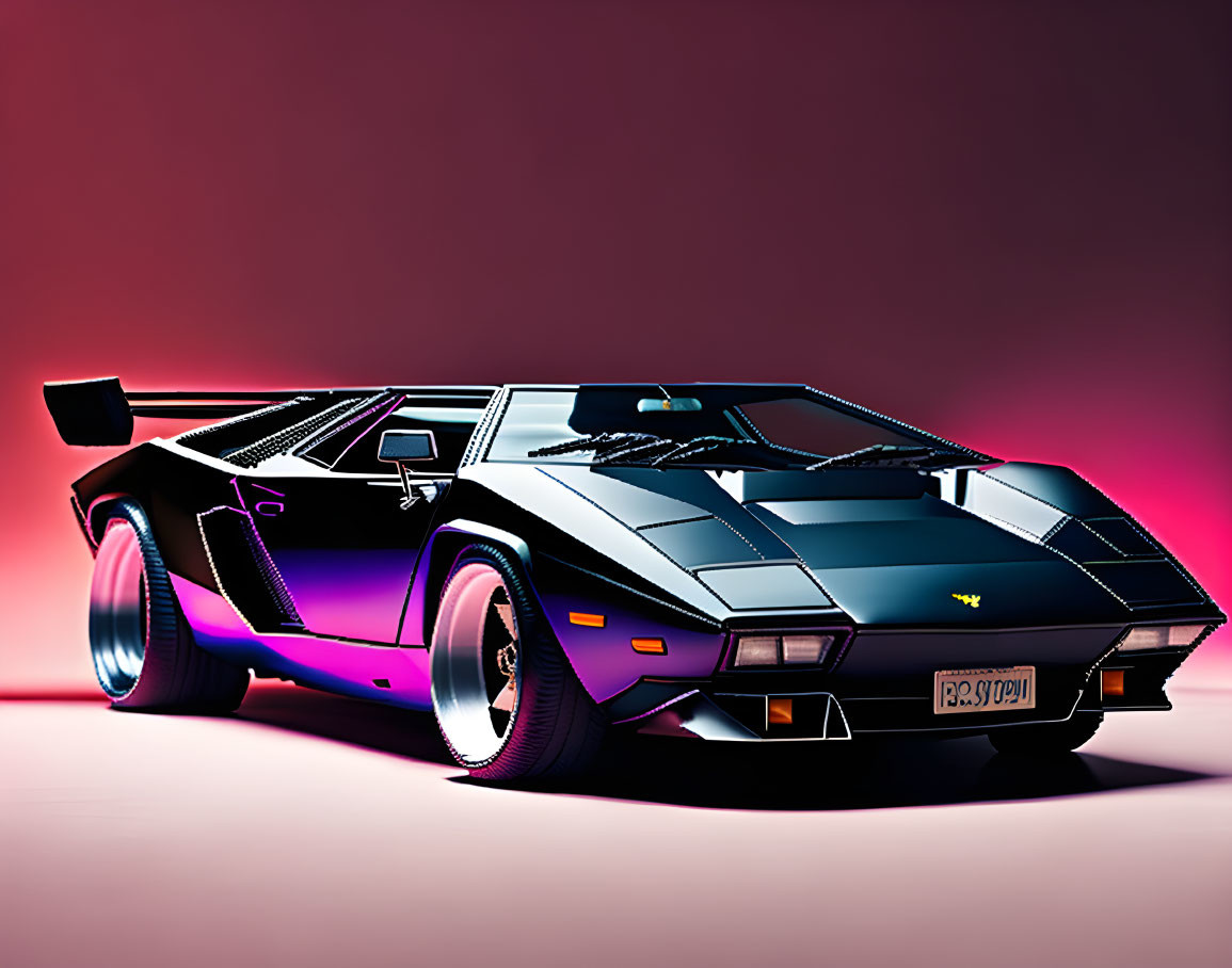 Vintage sports car: black wedge design, pop-up headlights, set against pink to purple gradient.