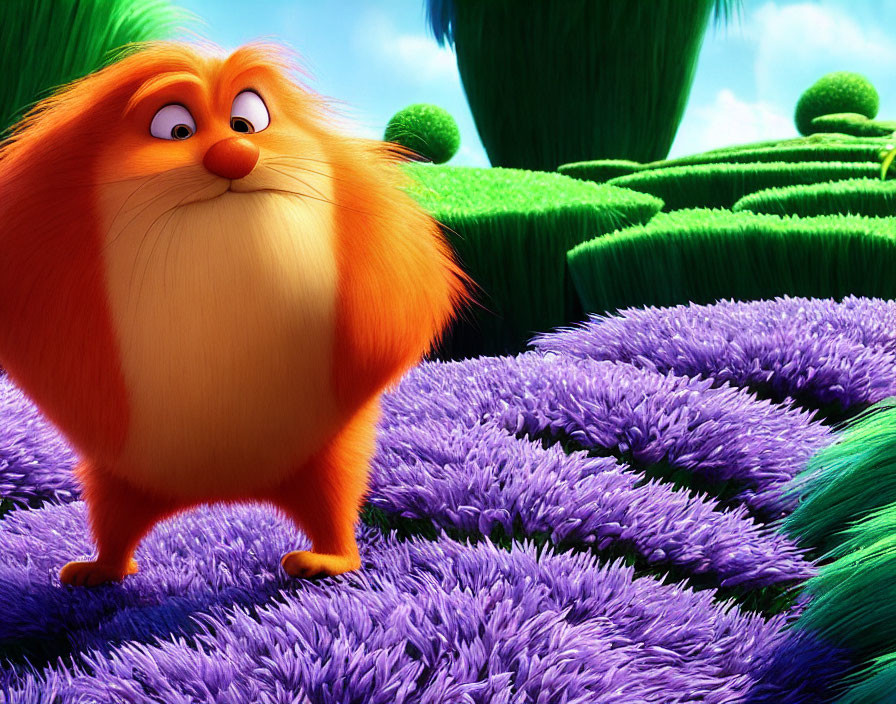 Orange fluffy creature in vibrant landscape with big nose and wide eyes