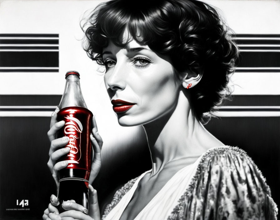 Monochromatic image of woman with vintage hairstyle and Coca-Cola bottle