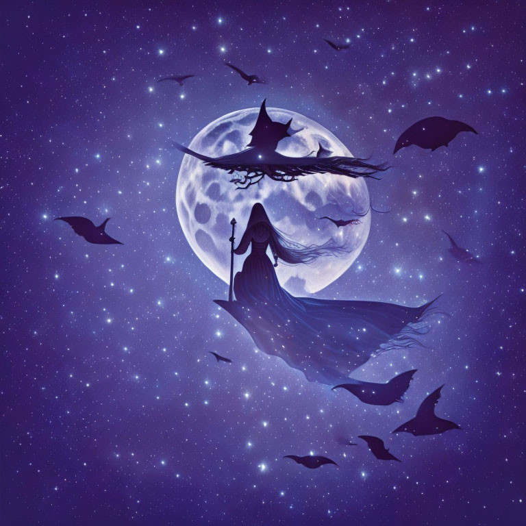 Mystical illustration of cloaked figure on broomstick in night sky