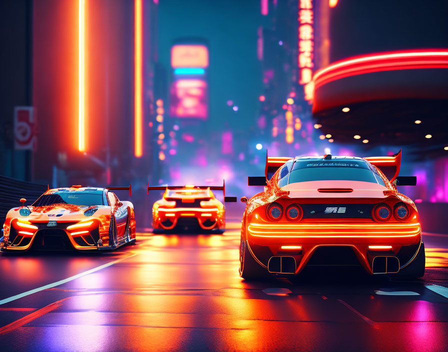 Neon-lit street scene with three racing sports cars