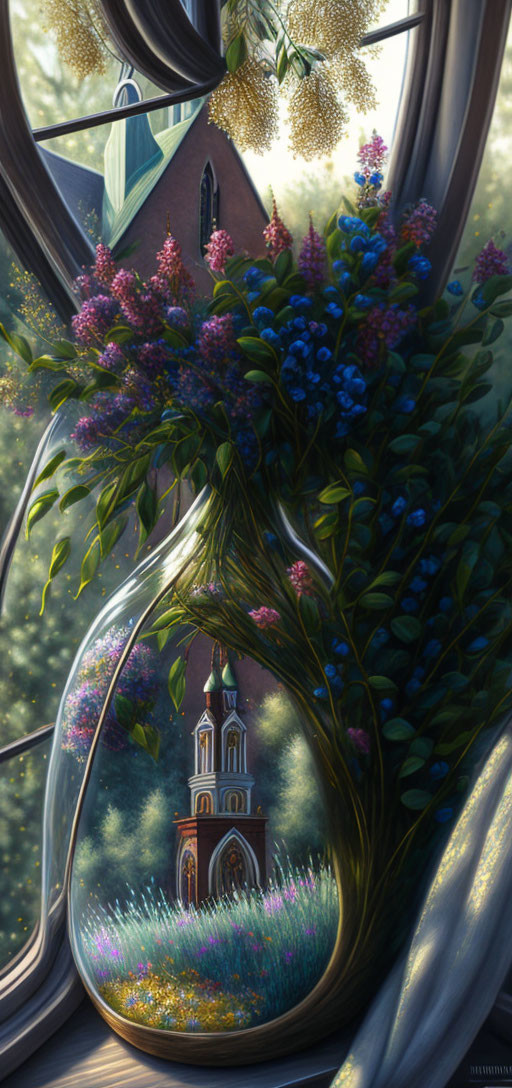 Colorful church landscape through clear vase with flowers