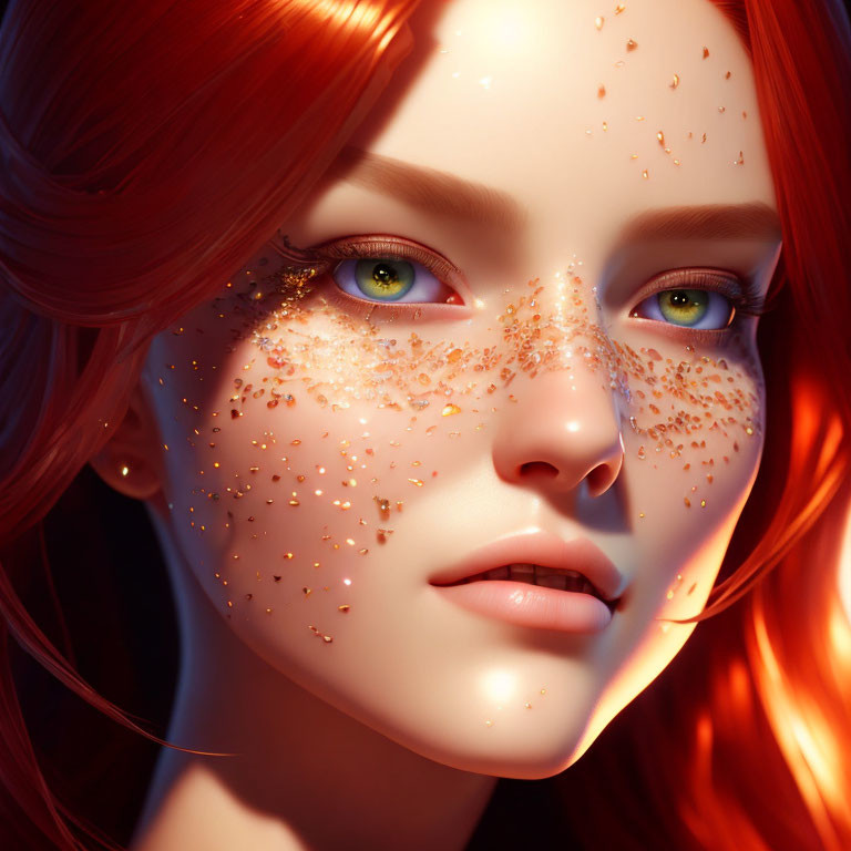 Detailed 3D-rendered female with red hair, green eyes, and gold freckles under