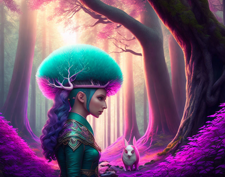 Fantasy artwork: Woman with tree-like antlers in mystical forest