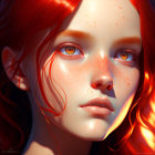 Detailed 3D-rendered female with red hair, green eyes, and gold freckles under