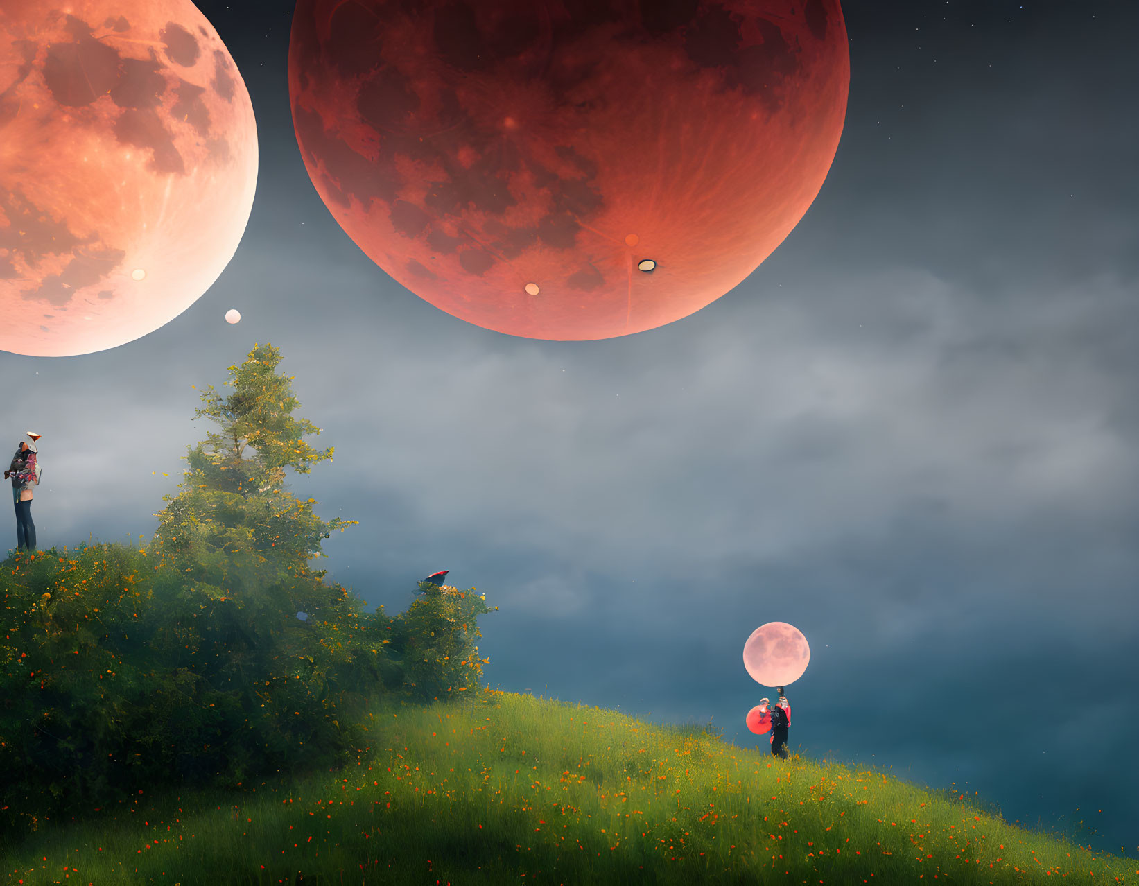 Person under two red moons holding third moon on grassy hill