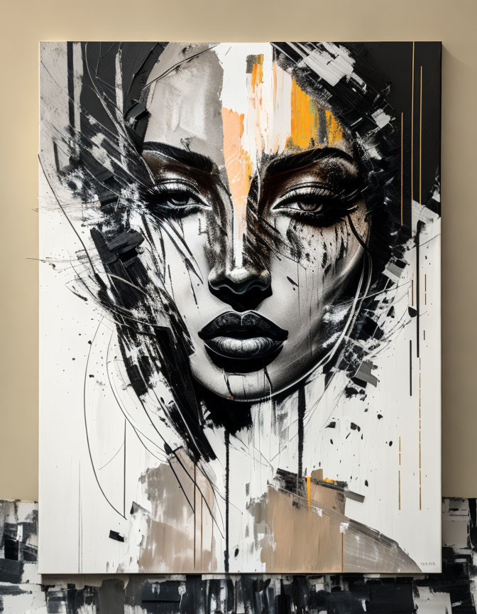 Abstract portrait painting of woman with black and white contrasts and orange splashes on wall