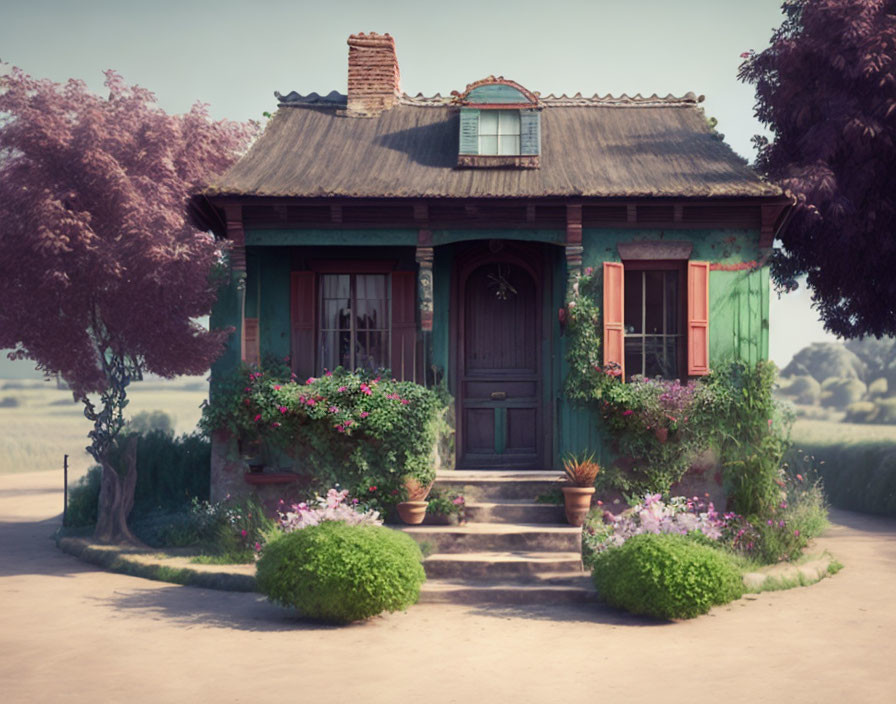 Charming Green House with Purple Trees and Red Shutters