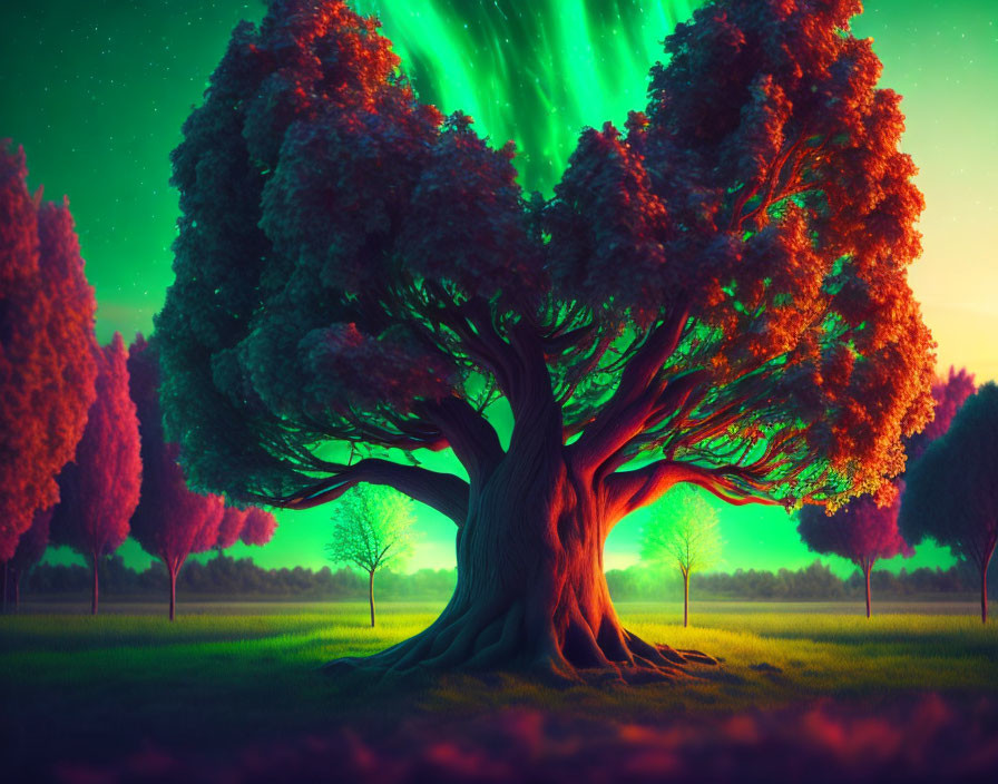 Majestic tree with thick branches under green aurora-lit sky