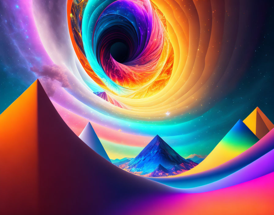 Colorful Digital Artwork: Swirling Cosmic Elements and Surreal Starry Vortex