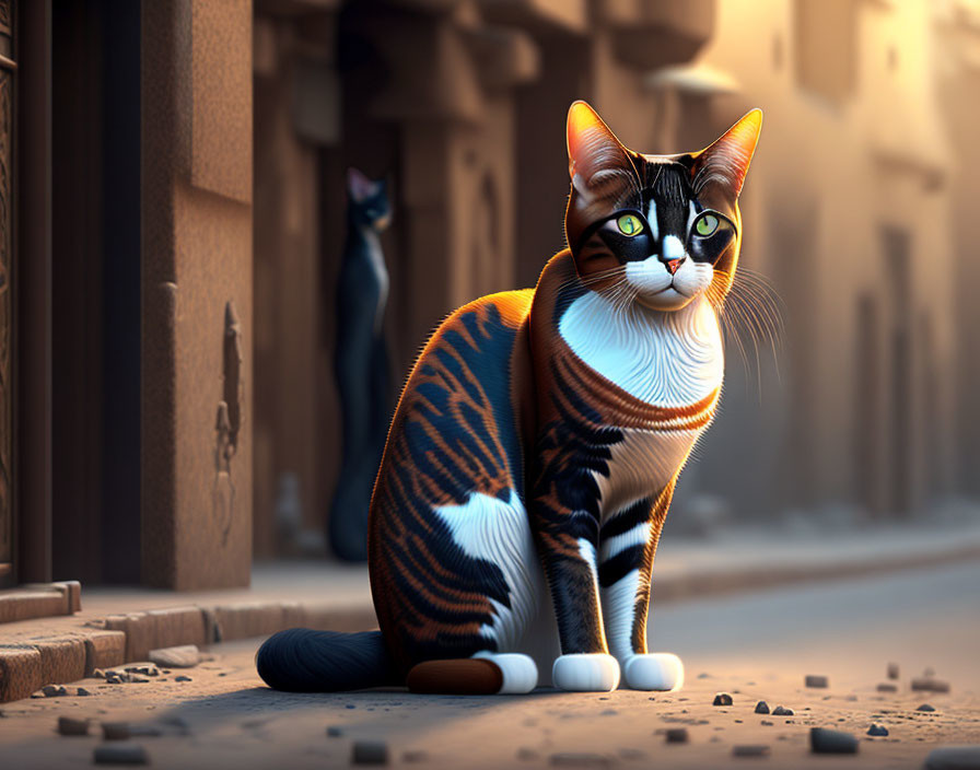 Detailed digital artwork: two cats in alleyway with striking fur patterns and human-like eyes