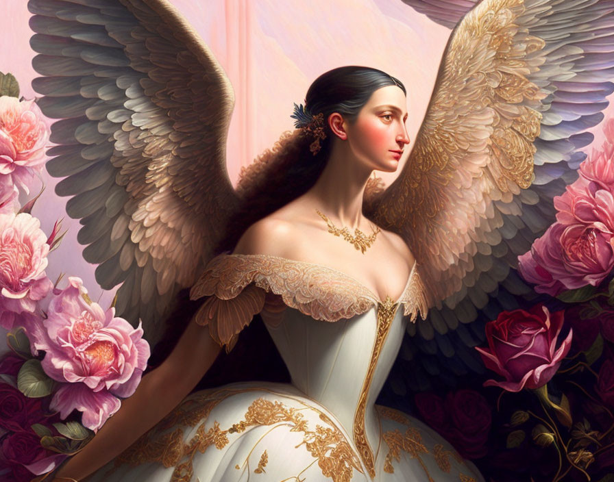 Woman with angelic wings in elegant gown among blossoming roses