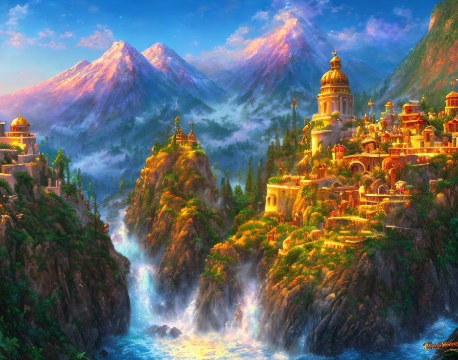 Vibrant fantasy landscape with sunlit city, golden domes, mountains, waterfalls, and